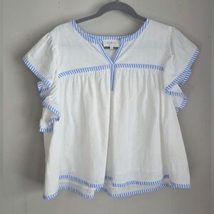 La February Cotton Blouse Size L White Blue Trim Flutter Sleeve